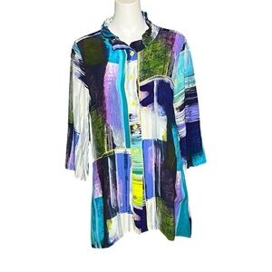 IC BY CONNIE K COLLECTION Colorful A-Line Button Up Shirt Swing Top Size Large